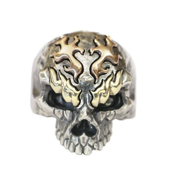 Brass Eyebrow Copper Fire 925 Sterling Silver Skull Ring Adjust TA427 US Size 13.5