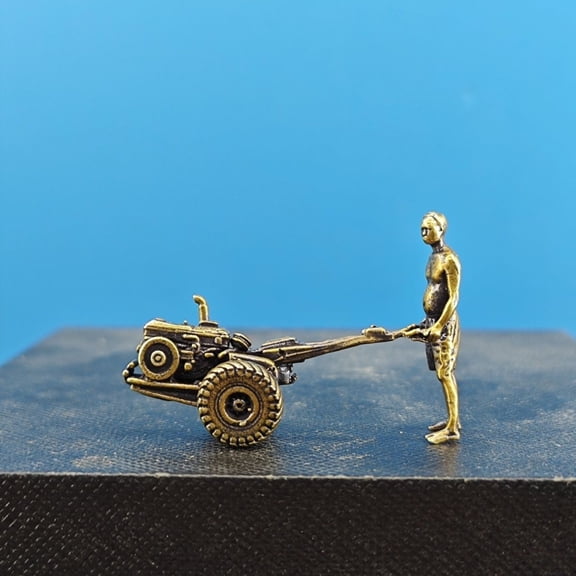 Brass Farmer Tractor Figurine Miniature Landscape Ornament Bonsai Fish Tank Desktop Decor for Home Office Display