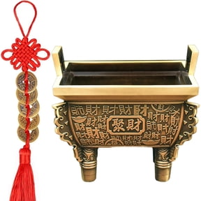 Brass Feng Shui Money Frog Three Legged Wealth Traditional Frog Money Toad Statue with Set of 5 Lucky Charm Ancient Coins on Red String Home Car Fengshui Decor (E1 Wealth Quadripod)