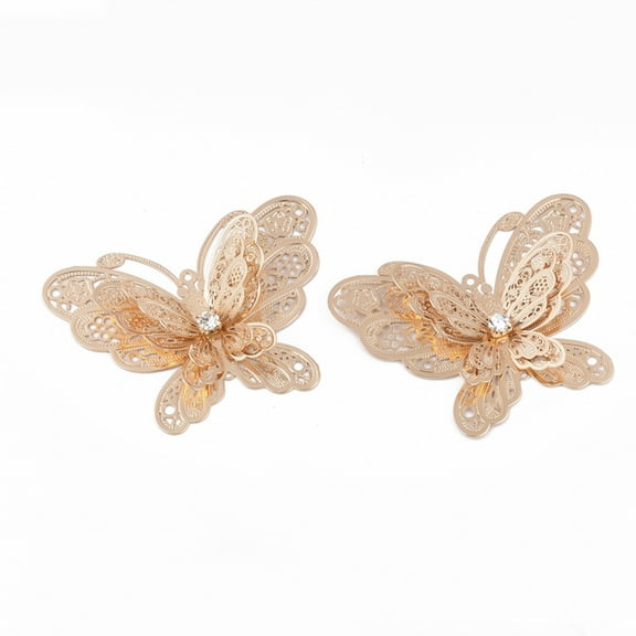 Brass Filigree Joiners Links with Crystal Rhinestone Butterfly Light Gold 37x50x9mm Hole: 1.2mm