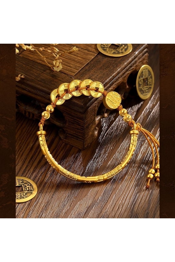 Brass Five Emperor Coin Bracelet Gold Plated Wealth Amulet Open Cuff Bangle Chinese Style Lucky Jewelry for Men or Women