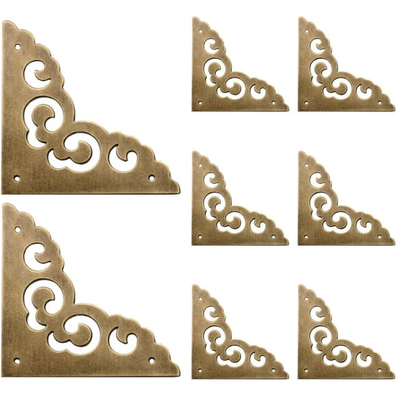 Brass Flat Corners Bracket, 8PCS Decorative Brass Box Corner Protector Metal Floral Right Angle Bracket for Cabinet Door
