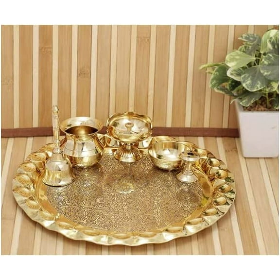 Brass Floral Vines Embossed Design Pooja Thali/Prayer Plate Set (Approx. Dia. 10.1 Inch) with Brass Oil Lamp, Incense Holder, Katori, Kalash, handbell