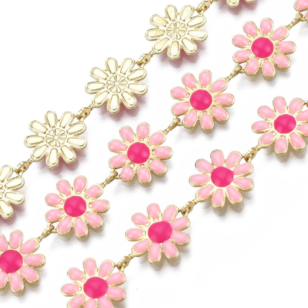 Brass Flower Link Chains with Enamel Unwelded Real 16K Gold Plated Pink ...