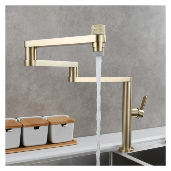 Brass Folding Kitchen Faucet Double Joint Swing Arms Hot Cold Water Three Section Extension Sink Faucet Dual Functions Tap ,360° Swivel High Arc Faucet