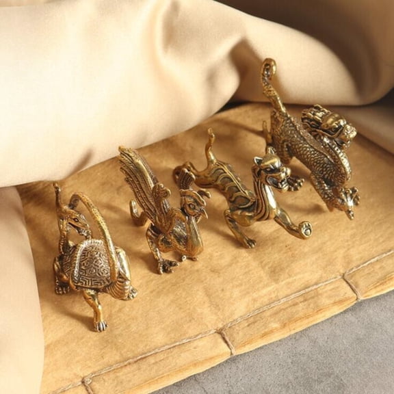 Brass Four Divine Beasts Statue Azure Dragon White Tiger Vermilion Bird Tortoise Animal Sculpture for Home Office Decor Set