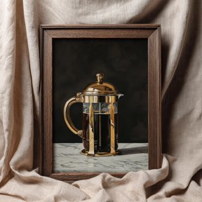 Brass French Press Print Dark Moody Kitchen Coffee Art
