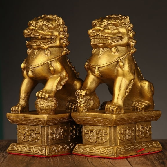 Brass Fu Dog Statues Pair, Chinese Lions for Feng Shui Wealth & Protection, Home Decor Figurines, Housewarming Gift,Brass