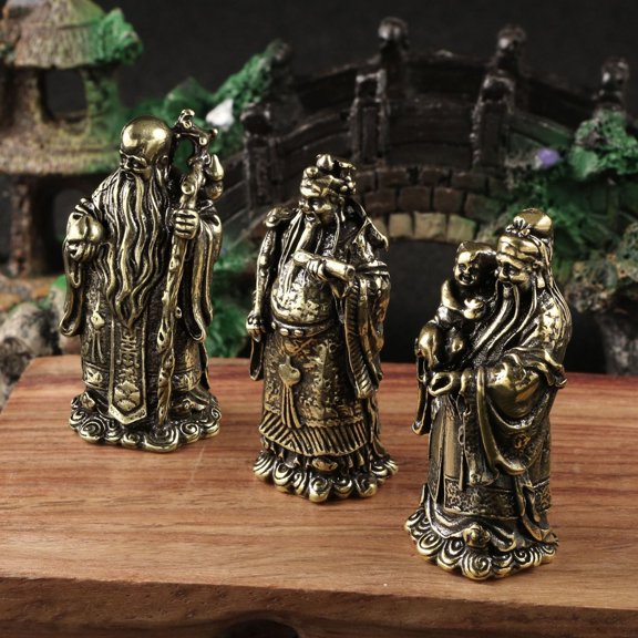 Brass Fulu Shou Sanxian Ornament Hollow Antique Style Fuxing Luxing Shouxing Statue Home Decor Chinese Blessing Figurine