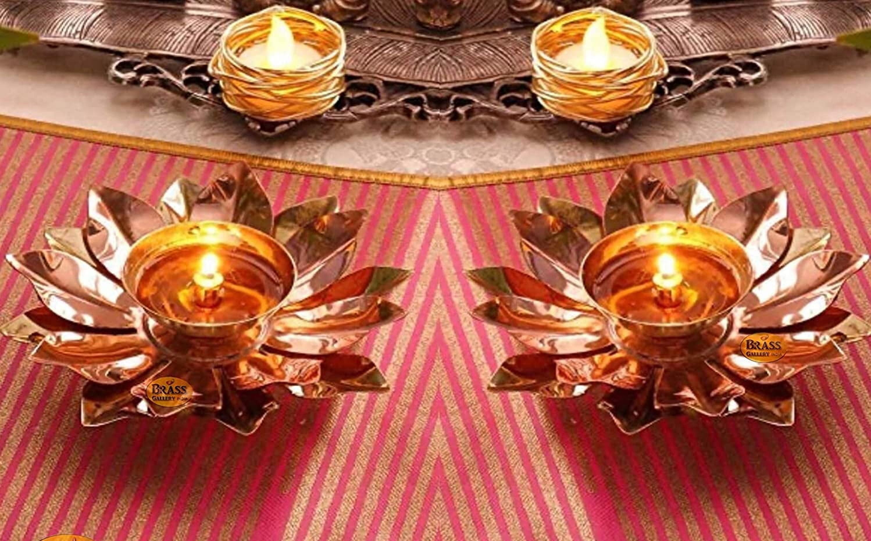 SATVIK 6-Piece Brass Copper Lotus Flower Diya Set - Indian Oil Lamp For Diwali Puja, Home Temple Decor