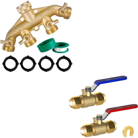 Brass Garden Hose 4 Way Splitter 1/2 Inch Push Fit Full Port Ball Valve