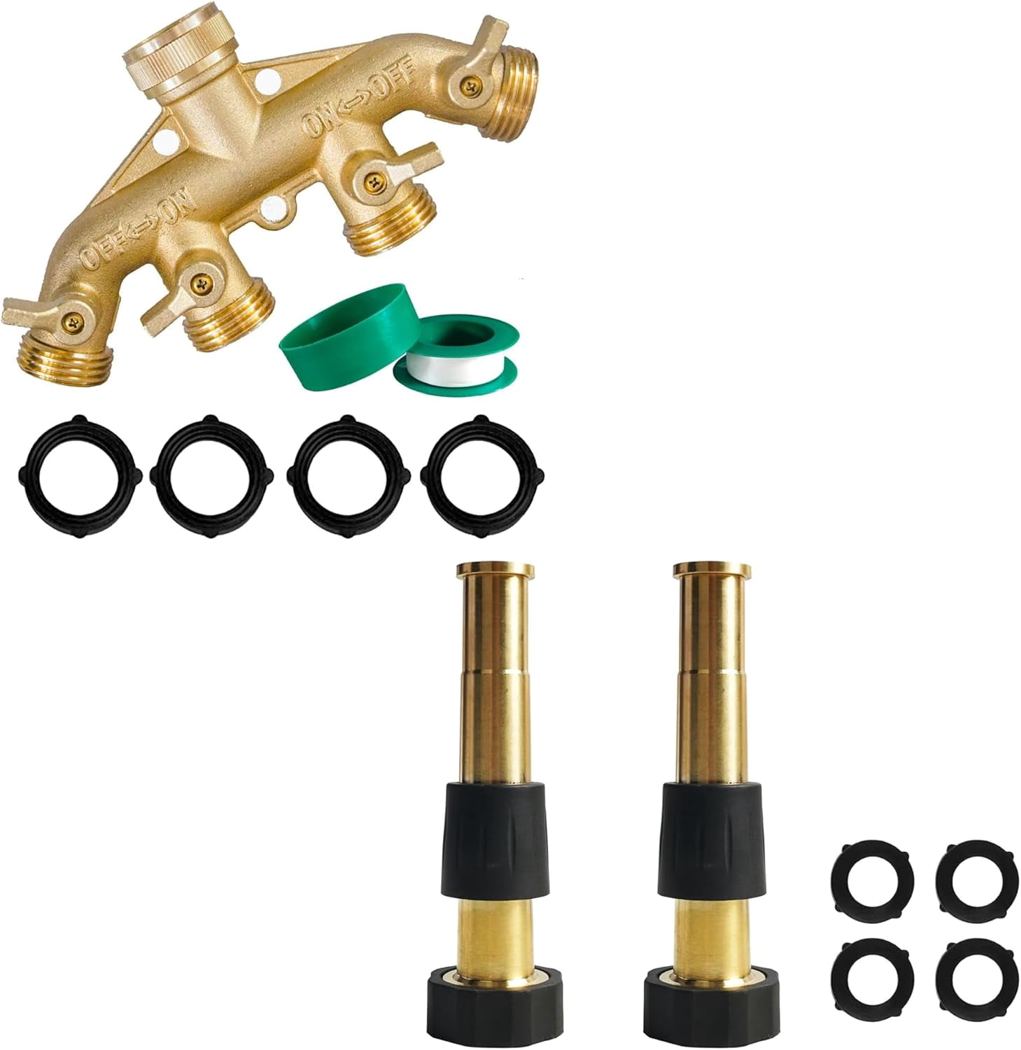 Brass Garden Hose 4 Way Splitter 5 Inch Jet Sweeper Nozzle Bundle