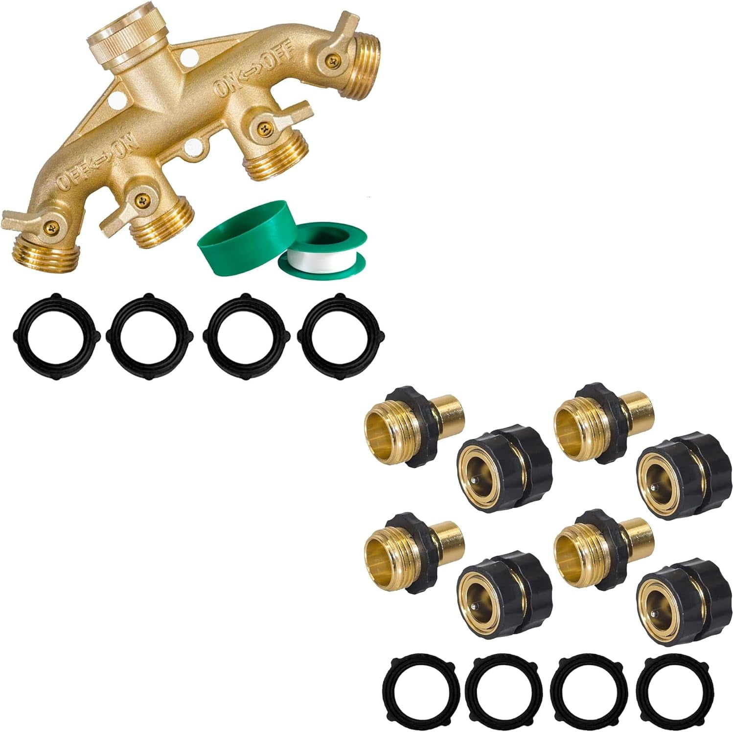 Brass Garden Hose 4 Way Splitter Heavy Duty Aluminum Quick Connect Fitting Bundle