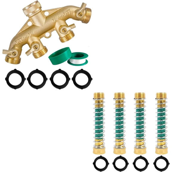 Brass Garden Hose 4 Way Splitter Heavy Duty Coil Spring Kink Protector