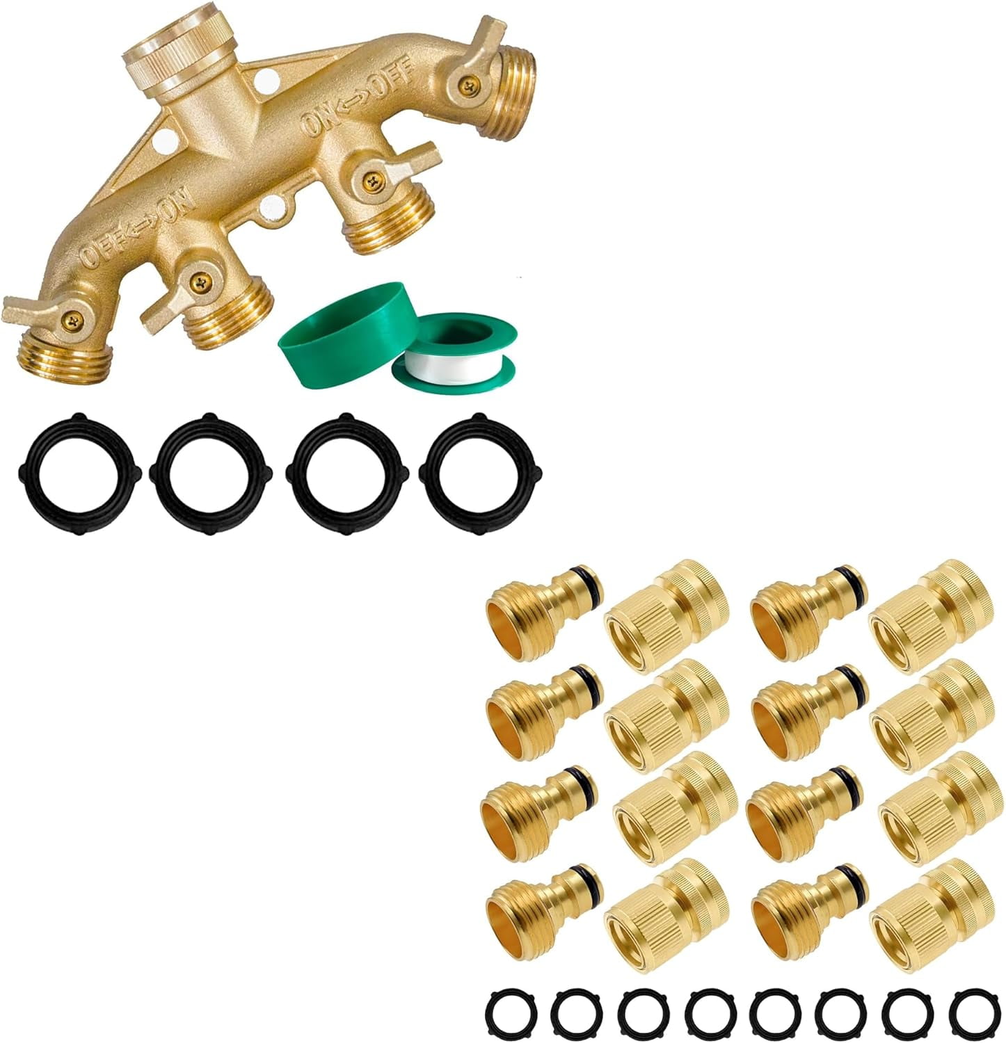 Brass Garden Hose 4 Way Splitter Heavy Duty Quick Connect Fitting Bundle