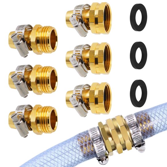 Brass Garden Hose Repair Connector with Clamp - Male and Female Garden Hose Fitting, 5/8" Barb, 3/4" Thread