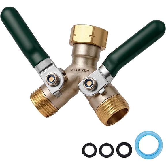 Brass Garden Hose Splitter 2 Way Heavy Duty Adapter, Y Splitter with Shutoff Valve Outdoor Faucet Splitter, 3/4 Inch GHT Thread Connection and Extended Handle Double Hose Bib Splitter