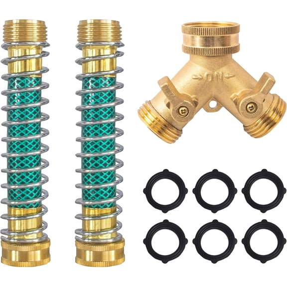 Brass Garden Hose Splitter 2 Way Y Valve With Extension Coiled Spring Protectors 3/4 Inch