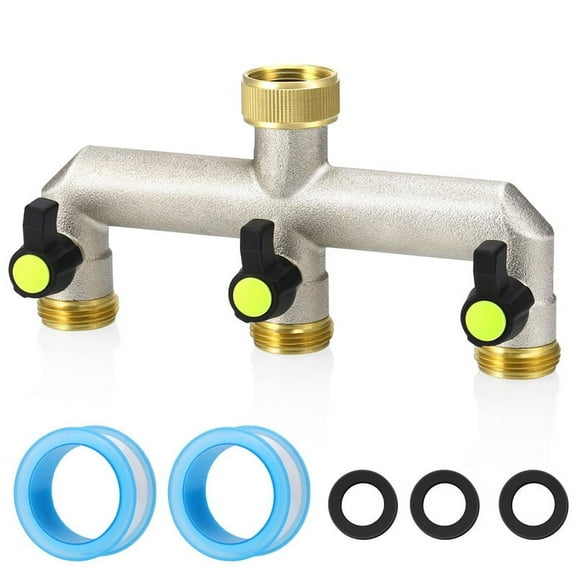 Brass Garden Hose Splitter - Water 3 Way Heavy Duty, Outdoor Faucet with Shut Off Valves, 3/4Inch
