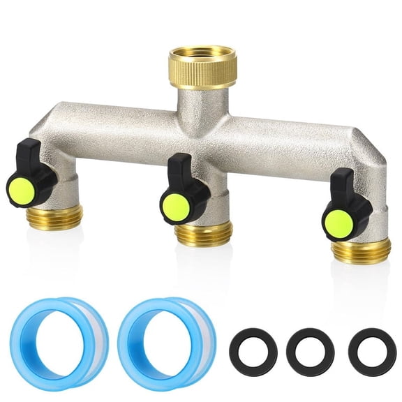 Brass Garden Hose Splitter - Water Hose Splitter 3 Way Heavy Duty, Outdoor Faucet Splitter with Shut Off Valves, 3/4Inch