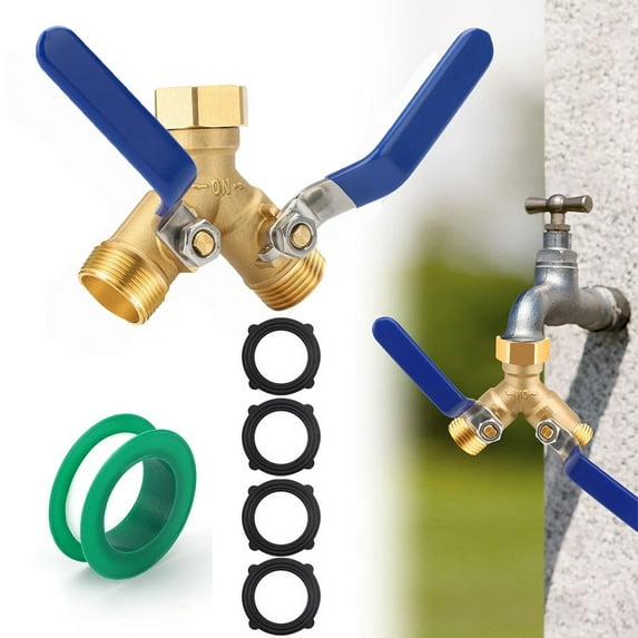 Brass Garden Hose Splitter, Y Valve Splitter with Stainless Steel Long Handle, Heavy Duty 2 Way 3/4" GHT Thread Water Garden Hose Adapter