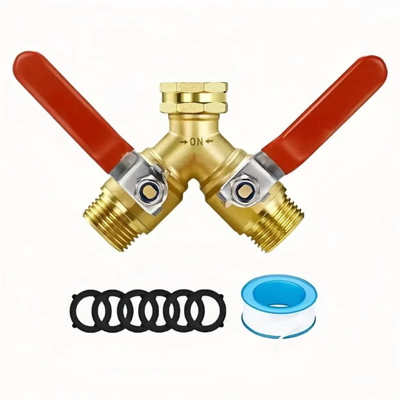 Brass Garden Hose Y-Splitter Connector, 3/4" GHT Thread Heavy-Duty Water Divider with Extended Stainless Steel Handle & Flow Control Valve