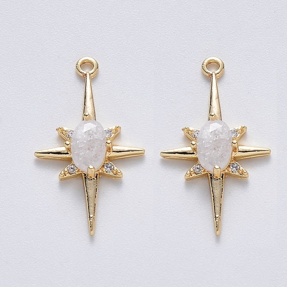 Brass Glass Charms with Micro Pave Cubic Zirconia Nickel Free Star Real 18K Gold Plated Clear 21.5x12.5x3.5mm Hole: 1.2mm