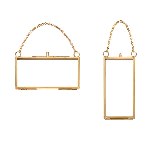Brass Glass Hanging Photo Frame DIY Artwork Display Frame for Dried Plant Specimen Pressed Flowers Rectangle Golden 2pcs/set