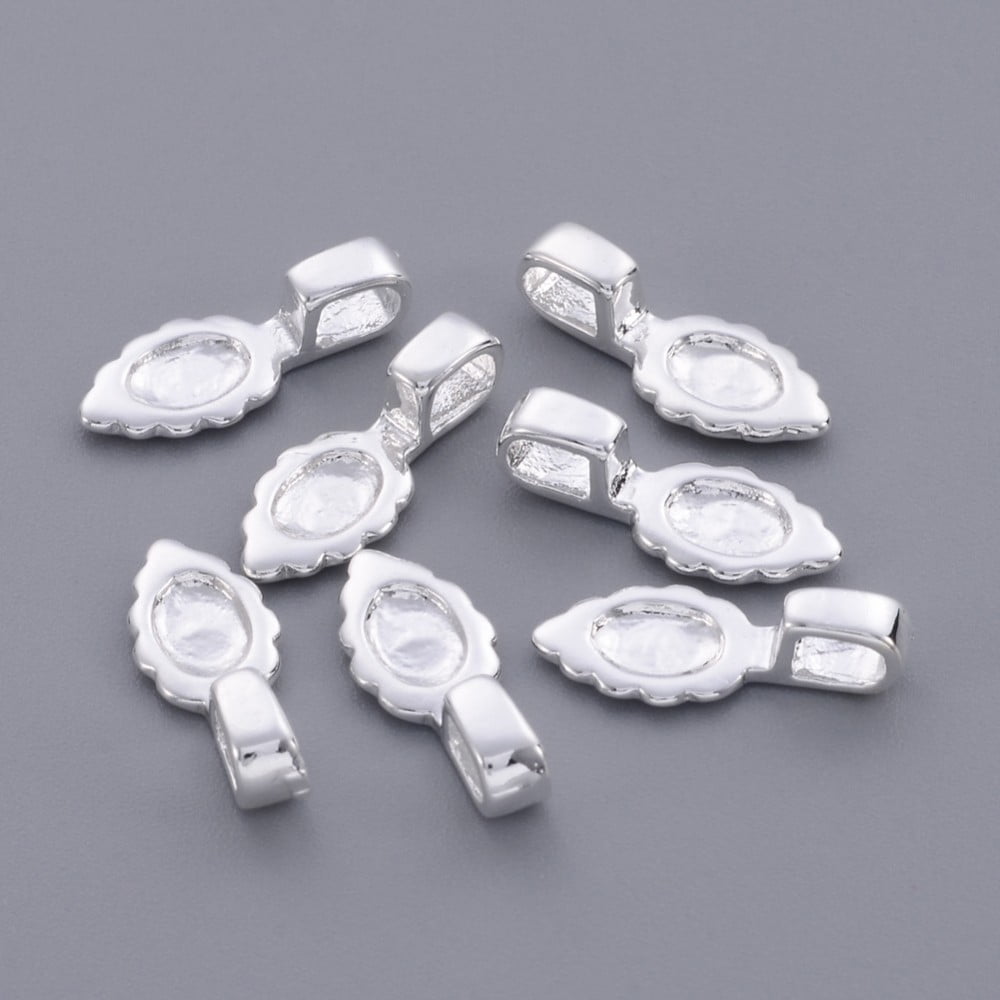 Brass Glue-on Flat Pad Bails Leaf Silver color Plated about 6.5mm wide 16mm long 1.5mm thick hole: 3x2mm Brass