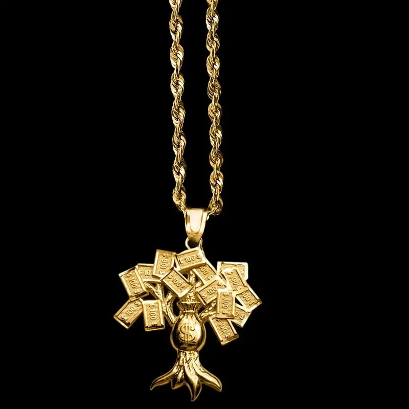 Brass Gold Plated $100 Money Tree Pendant & 3mm 24" Rope Chain Hip Hop  Necklace - Walmart.com