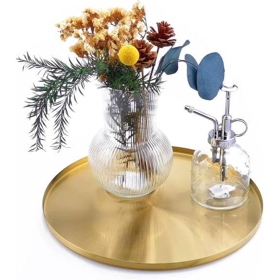 Brass Gold Serving Tray, Circle Round Decorative Platter, Metal Brushed Decor Plate, 12 inch Golden Circular Server, Decoration for Ba, Table Top