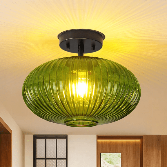 Brass Golden Semi Flush Mount Ceiling Light | Amber Globe Glass Industrial Fixture for Bathroom Entryway Farmhouse, Asian Style, Metal Material, Multiple Components Included, Switch Control