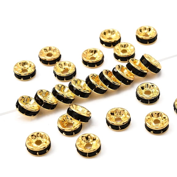 Brass Grade A Rhinestone Spacer Beads Golden Plated Rondelle Nickel Free Jet 8x3.8mm Hole: 1.5mm