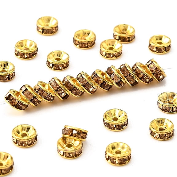 Brass Grade A Rhinestone Spacer Beads Golden Plated Rondelle Nickel Free Lt.Col.Topaz 6x3mm Hole: 1mm for DIY