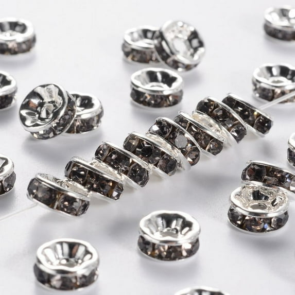 Brass Grade A Rhinestone Spacer Beads Silver Color Plated Nickel Free Rondelle Black Diamond 8x3.8mm Hole: 1.5mm DIY