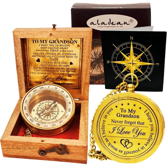 Brass Grandson's Divine Path Finder Compass - Engraved Quote, Wood Box, Uplifting Gift