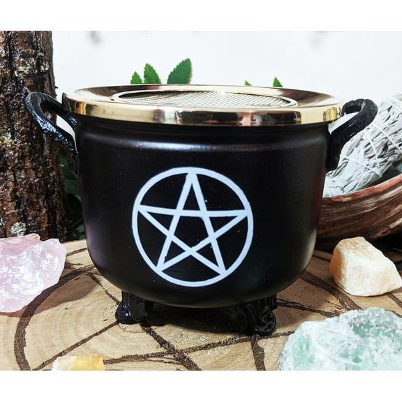 Brass Grated Tray Occult Wicca Pentagram Star In Circle Cauldron Incense Burner