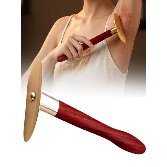 Brass Gua Sha Board with Rosewood Handle - Long Handle Body Massage Scraping Tool, Smooth Polished Brass Tai Chi Design, Easy Grip Myofascial Release Tool for Back Neck Shoulders Makeup Organizers