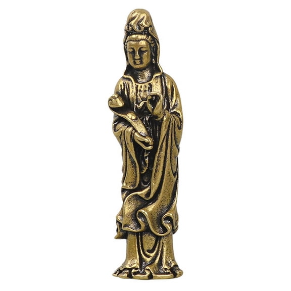 Brass Guanyin Bodhisattva Ornament for Desk Decor, Vintage Small Brass Buddha Statue 1.8 x 6.1 cm