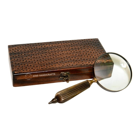 Brass Handheld Magnifier with 4 inch Premium Brass Framed Magnifying Glass With Brass Striped Crafted Handles | Office Ware Decorative Zooming Lens | For Father/Mother/Thanksgiving/Anniversary (Brown)