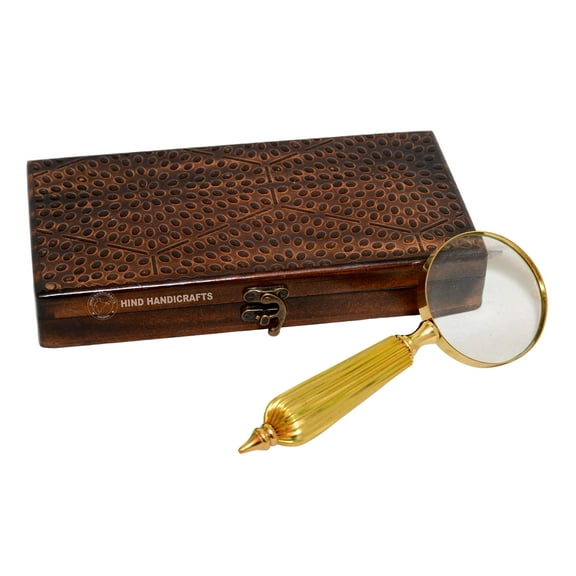 Brass Handheld Magnifier with 4 inch Premium Brass Framed Magnifying Glass With Brass Striped Crafted Handles | Office Ware Decorative Zooming Lens | For Father/Mother/Thanksgiving/Anniversary (Gold)