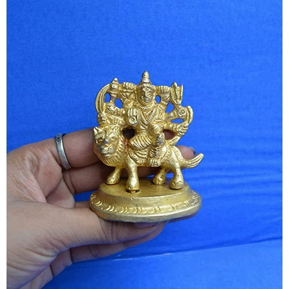Brass Handicraft Religious Goddess Maa Durga MATA Idol Sculpture for Home Puja Mandir ~ Indian Temple Dcor Art Hindu Puja Durga Statue Sitting on Lion for Blessing Statue Antique (Durga 2.75"inch)