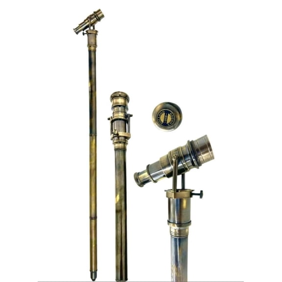 Brass Handle Telescope Walking Cane Handmade Victorian Style Wooden Stick with Functional Compass, Unique Nautical Marine Collectible Gift for Gentlemen