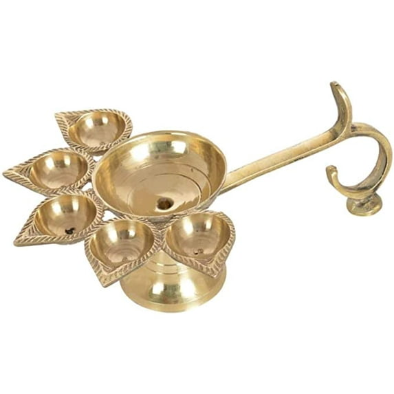 Brass Handmade Panch Aarti Pooja 5 Face Aarti Oil Lamp/Diya/Deepak/Dhoop/Jyoti With Stand (Approx. 15 x 13 x 9 Cm)