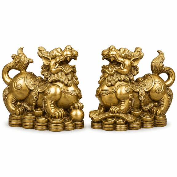 Brass Handmade Pi Xiu Figurine Set, 2 Count Home Decor for Wealth and Luck