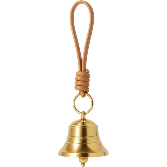 Brass Hanging Bell for Door Knob, Vintage Gold Door Hanger Bell on Leather Rope, Small Entry Doorbell Chime for Front Door, Home Shop Garden & Christmas Decor