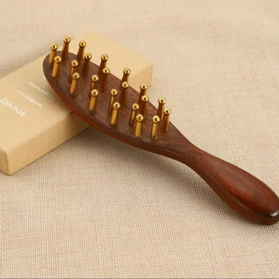 Brass Head Massage Comb - Long Handle Gua Sha Tool for Scalp & Hair Care, Thickened Gold Wire Sandalwood Comb for Relaxation, Stress Relief & Meridian Stimulation