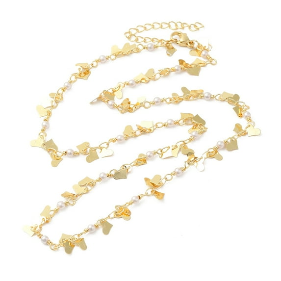 Brass Heart Plastic Imitation Pearl Beaded Link Chain Necklaces for Women Real 24K golden Plated 17.83 inch(45.3cm)