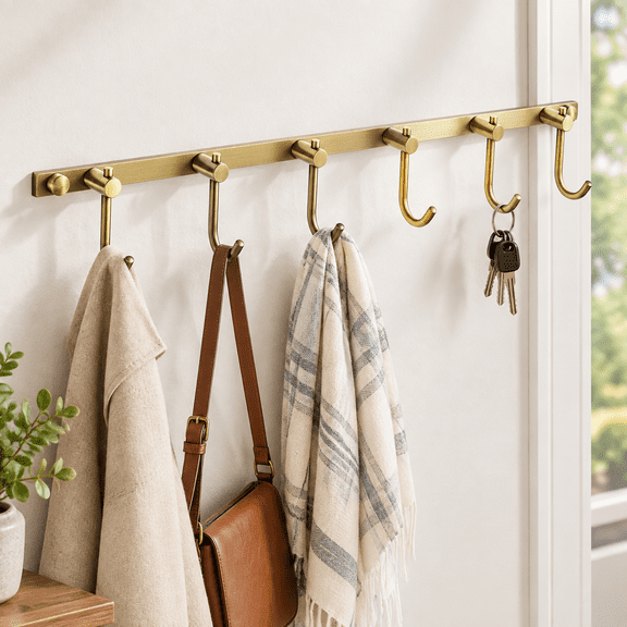 Brass Hook Rack, Bathroom Towels Hooks Coat Rack, Antique Bath Wall Hook Vintage Mounted Brushed Brass 6 Hooks