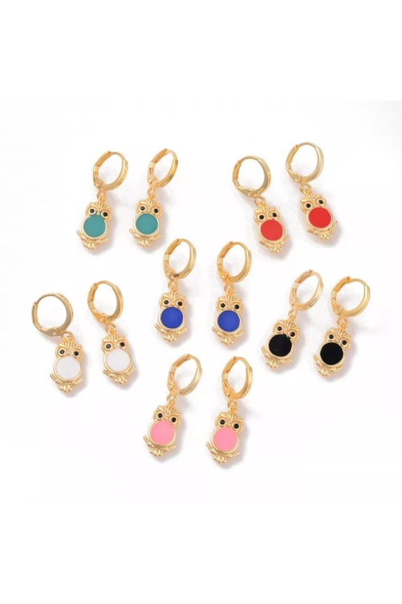 Brass Hoop Earrings Enamel Rhinestone Owl Gold Mixed Color 30Mm Pin 0.9Mm&nbsp; P598